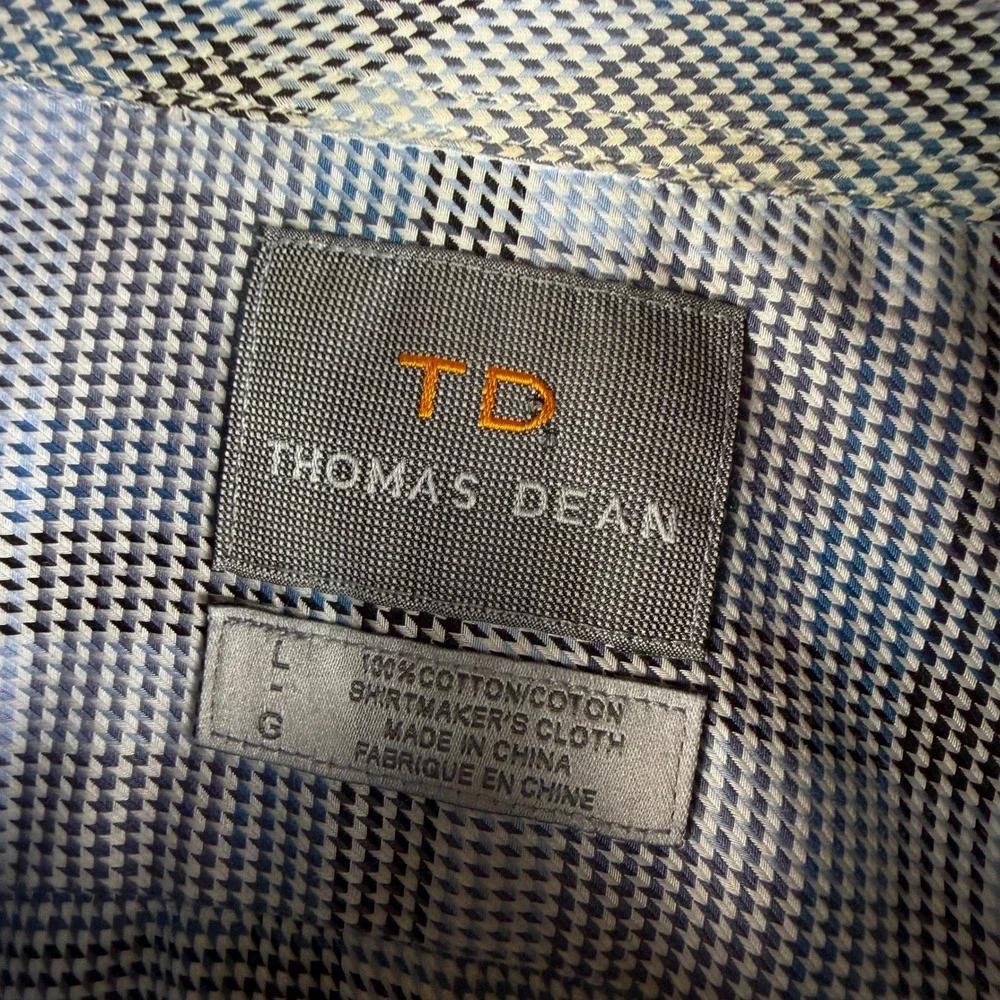 Thomas Dean Mens Blue Plaid Cotton Button Down Shirt Spread Collar Large L